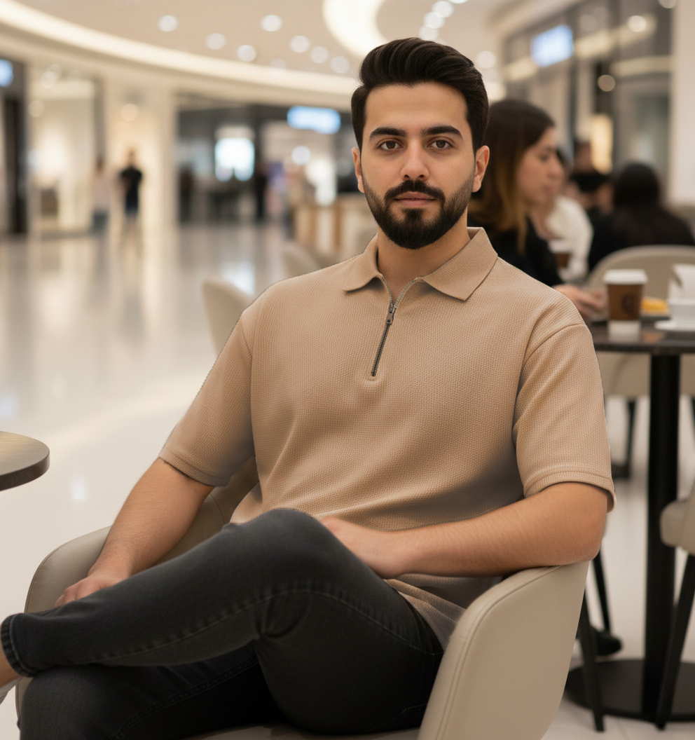 تیشرت مردانه یقه زیپ دار نسکافه ای مدل Arban