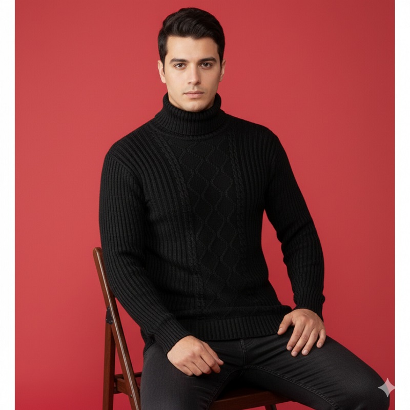 پلیوربافت مردانه مشکی یقه اسکی مدل Hakan